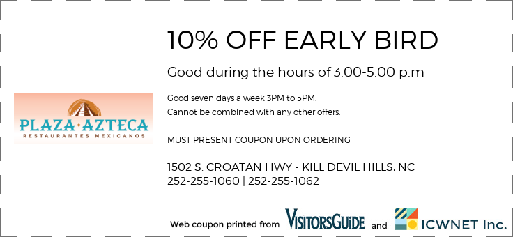 10% OFF EARLY BIRD Good during the hours of 3:00-5:00 p.m