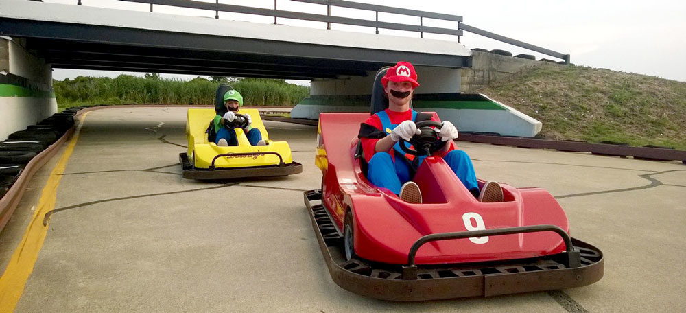 Mario and Luigi karting at Full Throttle Speedway
